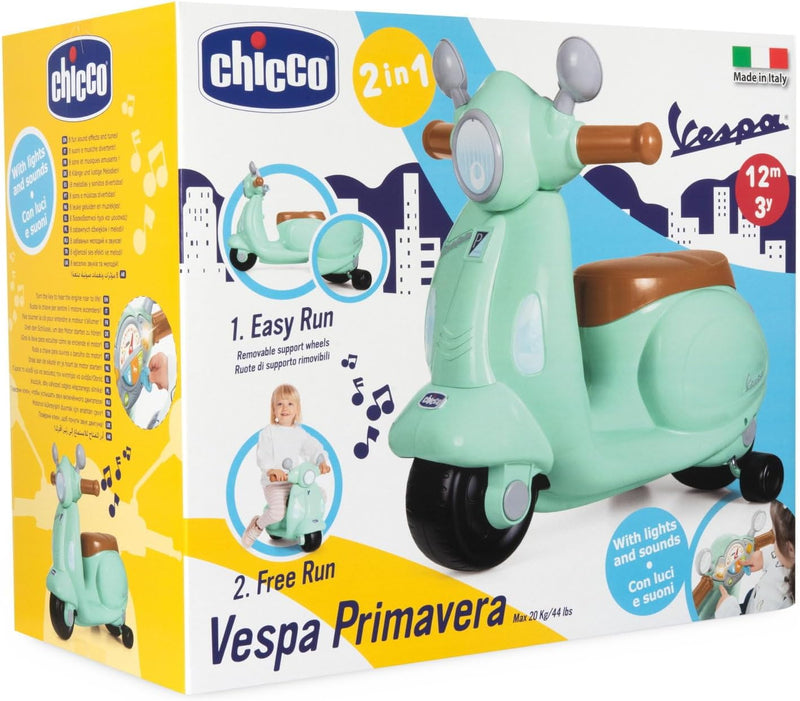Chicco Vespa Primavera Mint Green, correpasillos evolutivo con diseño italiano original, panel electrónico con sonidos y luces, para niños desde 12 meses
