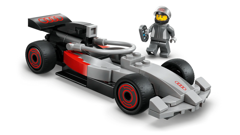 Coche Audi F1 LEGO 60493 gris rojo con piloto minifigura neumáticos goma
