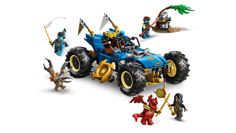 Coche LEGO azul dorado 20cm transformable modo dragón shurikens giratorios
