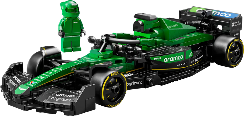 Coche de carreras LEGO Aston Martin F1 AMR24 en verde British Racing Green con pegatinas de patrocinadores oficiales, habitáculo accesible levantando el halo, neumáticos traseros anchos con inscripción Pirelli, maqueta de 20 cm de longitud para niños mayores de 10 años
