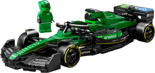 Coche de carreras LEGO Aston Martin F1 AMR24 en verde British Racing Green con pegatinas de patrocinadores oficiales, habitáculo accesible levantando el halo, neumáticos traseros anchos con inscripción Pirelli, maqueta de 20 cm de longitud para niños mayores de 10 años

