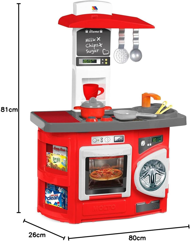 Cocina infantil Moltó Mini Kitchen roja con electrodomésticos funcionales y accesorios de cocina para juego educativo

