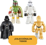 Colección completa Mini Stretch Star Wars mostrando múltiples personajes coleccionables estirábles incluyendo Darth Vader y otros modelos de la saga
