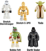 Colección completa Stretch Star Wars mostrando Yoda junto a otros personajes estirábles coleccionables de la saga galáctica
