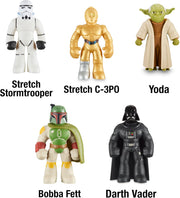 Colección completa Stretch Star Wars mostrando Yoda junto a otros personajes estirábles coleccionables de la saga galáctica
