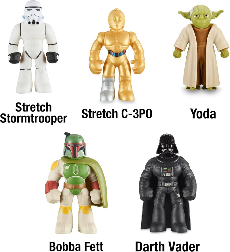 Colección completa Stretch Star Wars mostrando Yoda junto a otros personajes estirábles coleccionables de la saga galáctica
