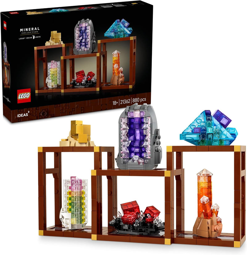 Colección de Minerales LEGO Ideas 21362 con 6 minerales construibles en módulos expositores sobre fondo blanco
