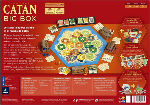 Componentes completos de Catan Big Box 2025: tableros hexagonales, fichas de recursos, cartas de desarrollo, poblados, ciudades, caminos y dados oficiales
