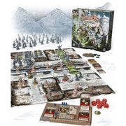 Componentes de Zombicide White Death mostrando miniaturas de supervivientes árticos, zombis congelados y losetas de mapa nevado con reglas de temperatura
