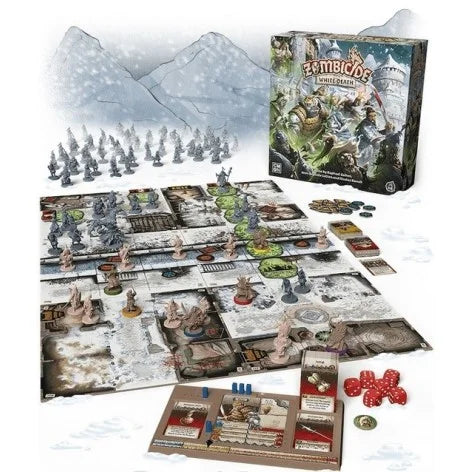 Componentes de Zombicide White Death mostrando miniaturas de supervivientes árticos, zombis congelados y losetas de mapa nevado con reglas de temperatura
