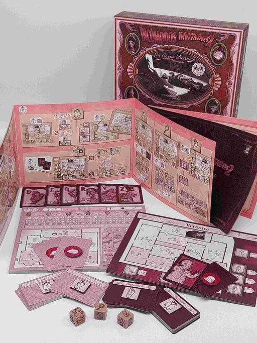 Componentes del juego Incómodos Invitados 2 mostrando cartas de pista, cartas de personajes y tablero de investigación para resolver casos de misterio
