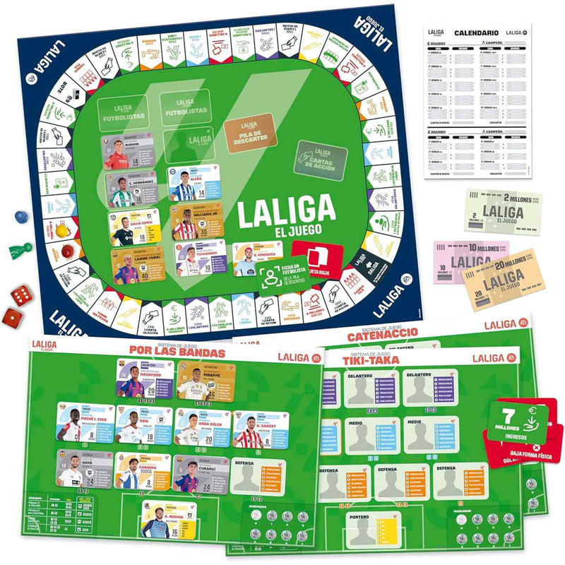 Componentes del juego La Liga FS incluyendo tablero oficial, dados, sistemas tácticos y billetes rediseñados para gestionar tu equipo de fútbol
