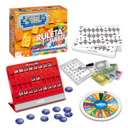 Componentes del juego La Ruleta de la Suerte Junior Diset con panel rojo, tarjetas y ruleta
