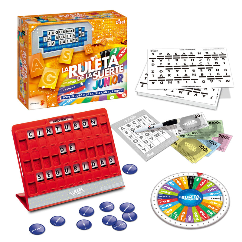 Componentes del juego La Ruleta de la Suerte Junior Diset con panel rojo, tarjetas y ruleta
