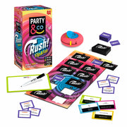 Componentes del juego Rush Flip & Fun: tablero colorido, tarjetas de pruebas y temporizador 60/30s
