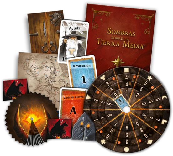 Componentes desplegados del juego EXIT con cartas y disco
