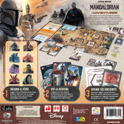 Componentes de The Mandalorian: Adventures, incluyendo miniaturas y cartas.
