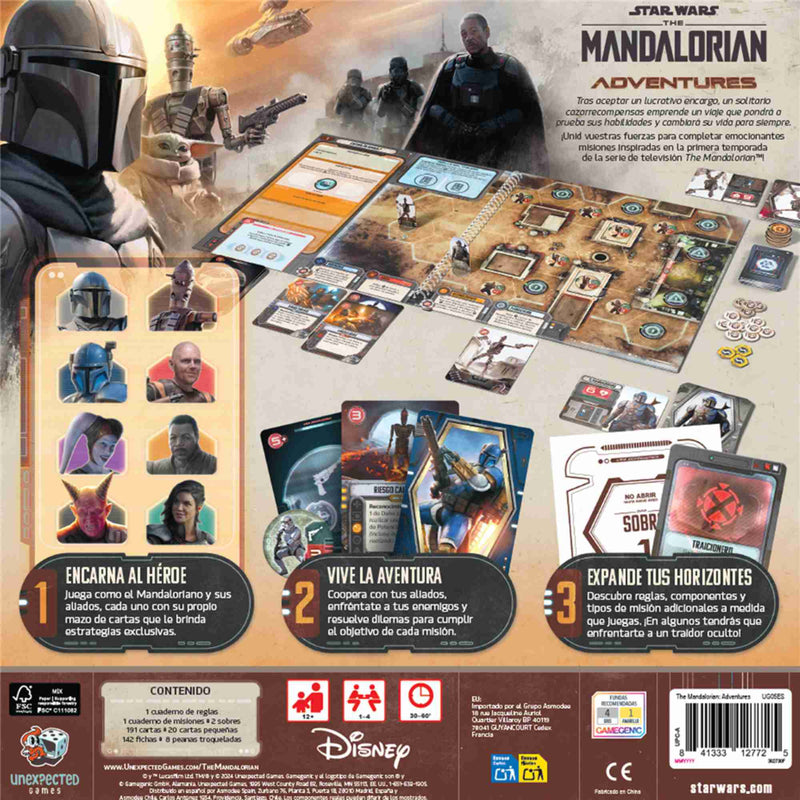 Componentes de The Mandalorian: Adventures, incluyendo miniaturas y cartas.
