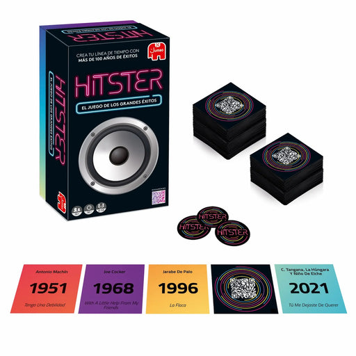 Contenido Hitster: 308 cartas con éxitos musicales, 37 fichas y tarjetas de años 1951-2021
