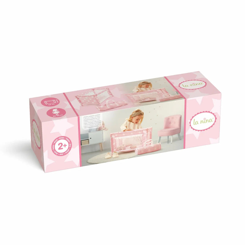 Contenido caja cuna Carlota: cuna desmontada y bolsa transporte estrellas rosa
