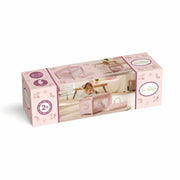 Contenido caja cuna viaje Olivia: cuna desmontada y bolsa transporte rosa
