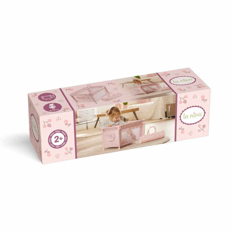 Contenido caja cuna viaje Olivia: cuna desmontada y bolsa transporte rosa

