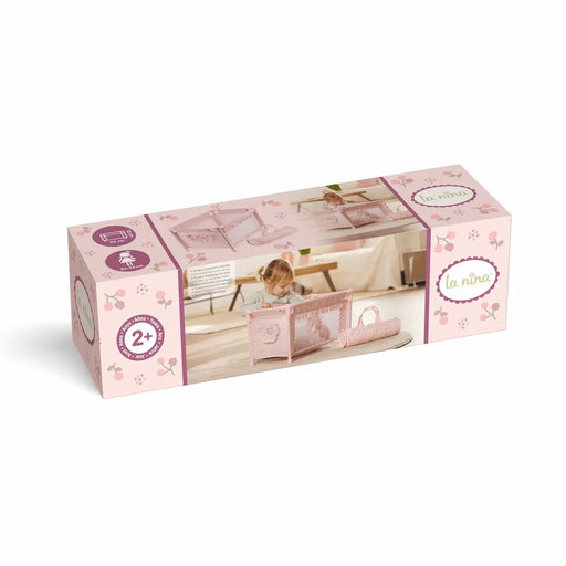 Contenido caja cuna viaje Olivia: cuna desmontada y bolsa transporte rosa
