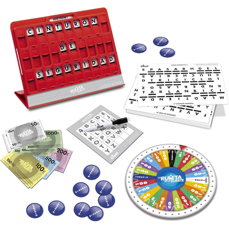 Contenido completo La Ruleta de la Suerte Junior: panel, ruleta, fichas, billetes y 120 enigmas

