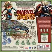 Contenido completo Marvel Zombies con 87 miniaturas de superhéroes zombis, tableros modulares, dados, cartas y componentes de juego sobre fondo blanco
