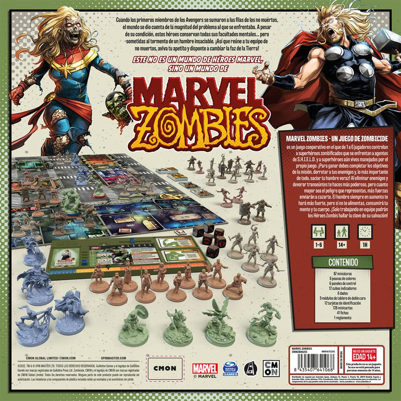 Contenido completo Marvel Zombies con 87 miniaturas de superhéroes zombis, tableros modulares, dados, cartas y componentes de juego sobre fondo blanco
