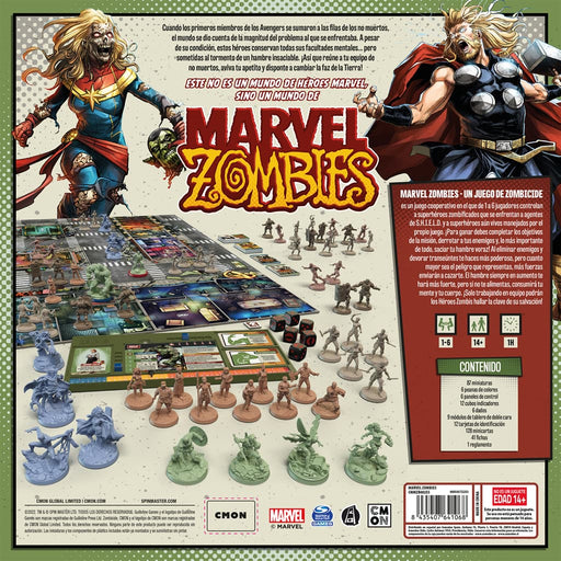 Contenido completo Marvel Zombies con 87 miniaturas de superhéroes zombis, tableros modulares, dados, cartas y componentes de juego sobre fondo blanco
