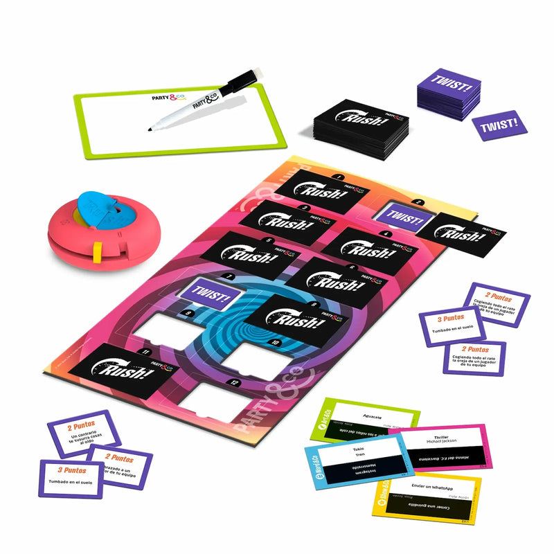 Contenido completo Party & Co Rush Flip & Fun: tablero, temporizador, 300 tarjetas y fichas Twist
