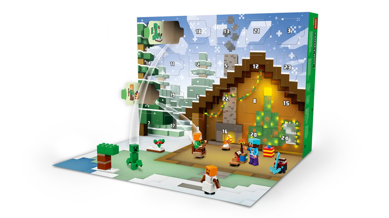Contenido completo del Calendario de Adviento LEGO Minecraft 21280 desplegado mostrando aldea invernal construible con minifiguras de Alex, Steve, Creeper y accesorios navideños sobre tapete incluido
