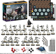 Contenido completo del SW Legión Galactic Empire Starter Set mostrando miniaturas de Stormtroopers, Darth Vader, cartas de mando y componentes de juego
