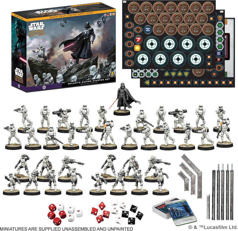 Contenido completo del SW Legión Galactic Empire Starter Set mostrando miniaturas de Stormtroopers, Darth Vader, cartas de mando y componentes de juego
