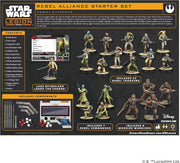 Contenido completo del Star Wars Legión Rebel Alliance Starter Set mostrando miniaturas detalladas, cartas de unidad, dados de combate y plantillas de movimiento - Set de inicio para jugar a Star Wars Legion
