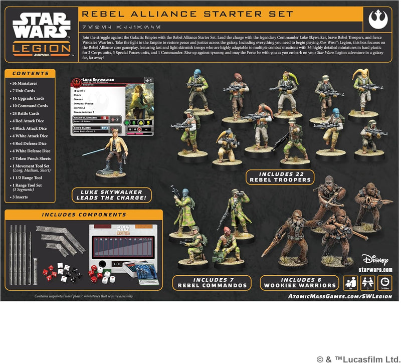 Contenido completo del Star Wars Legión Rebel Alliance Starter Set mostrando miniaturas detalladas, cartas de unidad, dados de combate y plantillas de movimiento - Set de inicio para jugar a Star Wars Legion
