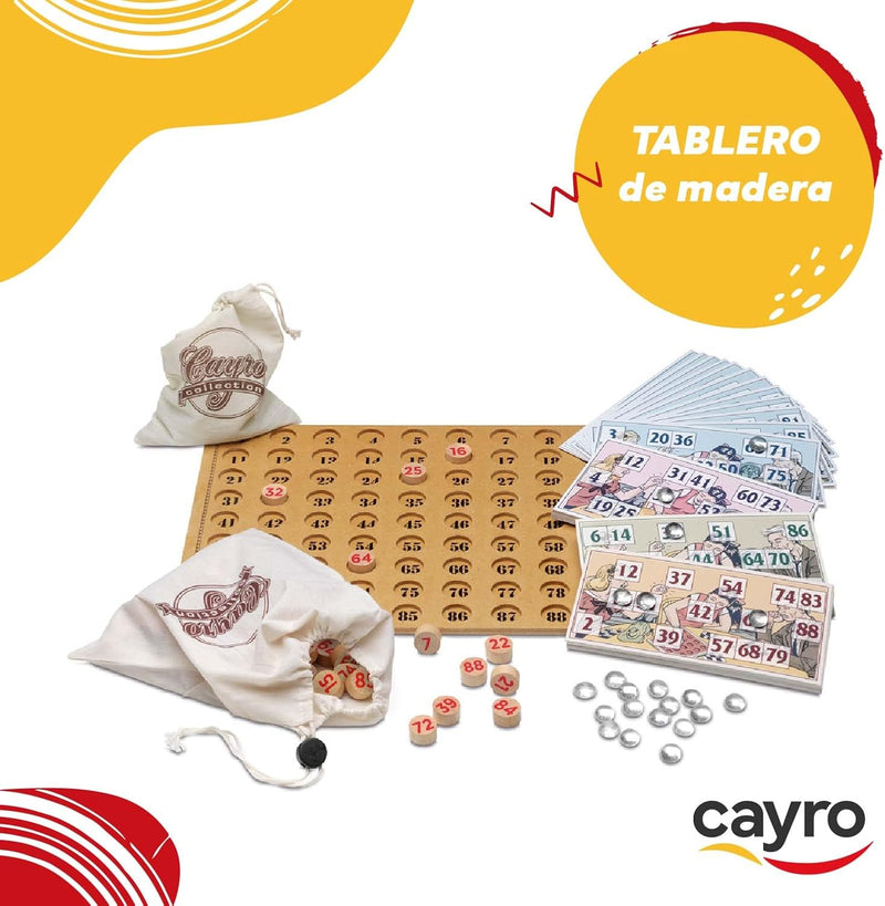 Contenido completo del juego Cayro Lotería Bingo: cartones vintage, fichas numeradas y bombo tradicional sobre fondo blanco
