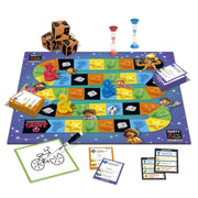 Contenido completo del juego Party & Co. Family de DISET mostrando tableros, tarjetas de preguntas, Cubos de Fiesta, pizarra, rotulador borrable, relojes de arena y peones incluidos
