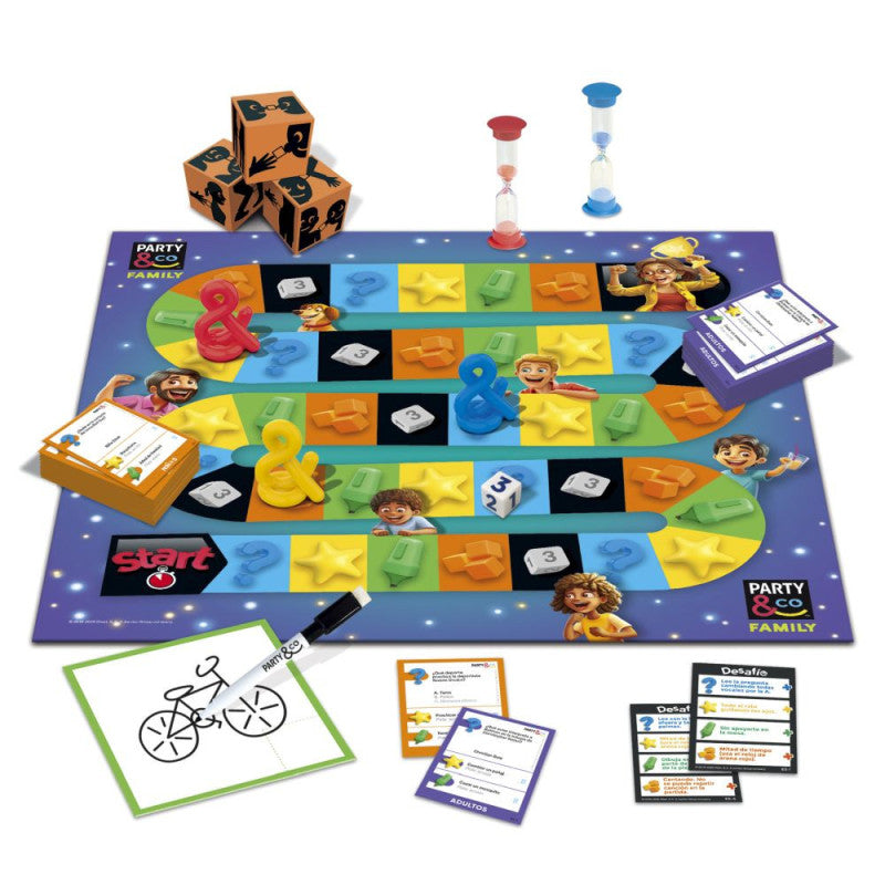 Contenido completo del juego Party & Co. Family de DISET mostrando tableros, tarjetas de preguntas, Cubos de Fiesta, pizarra, rotulador borrable, relojes de arena y peones incluidos
