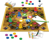 Contenido completo del juego Party & Co Original mostrando tablero, cartas de pruebas, fichas de equipo, reloj de arena, bloc de dibujo y componentes del clásico juego de fiesta de Diset
