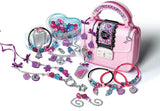 Contenido completo del kit Clementoni Fashion & Jewellery mostrando materiales para crear joyas: cuentas multicolor, dijes decorativos, cierres y accesorios de bisutería
