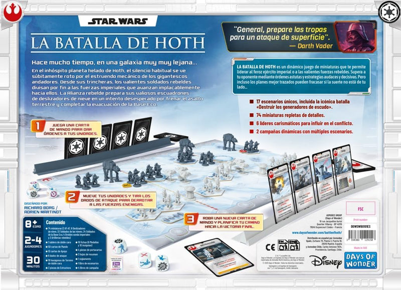 Contenido completo juego Star Wars Hoth: 3 AT-AT, 9 deslizadores nieve, 32 soldados imperiales, tablero doble cara y dados
