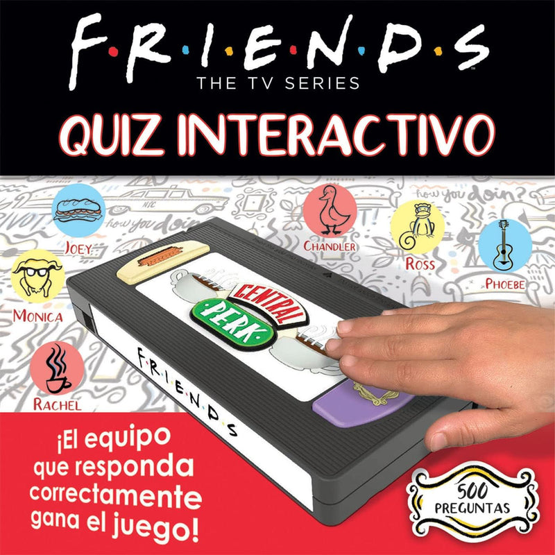 Contenido del juego FRIENDS QUIZ de Educa Borrás mostrando la unidad electrónica, botones de respuesta temáticos de la serie Friends, 500 preguntas sobre todos los episodios y personajes, pilas AAA incluidas
