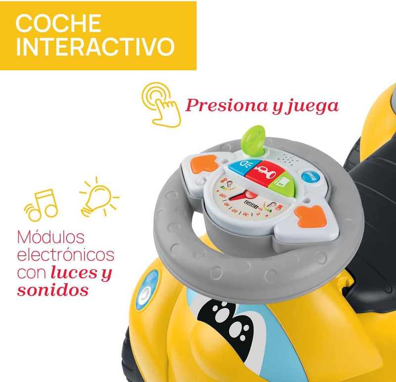 Correpasillos 2 en 1 CHICCO Billy Walk&Ride amarillo mostrando su diseño compacto con asiento cómodo, compartimento de almacenamiento bajo el asiento y estructura robusta ideal para niños en fase de desarrollo motor
