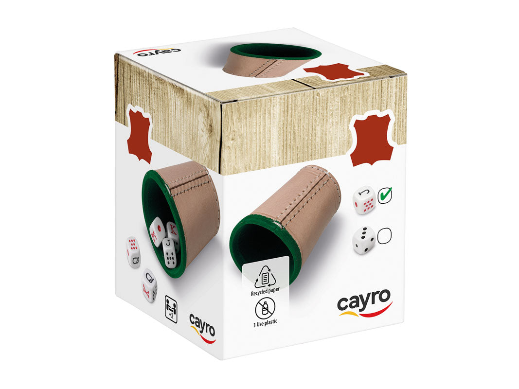 Cubilete de Cuero y 5 Dados de Póker de 16mm. Cayro
