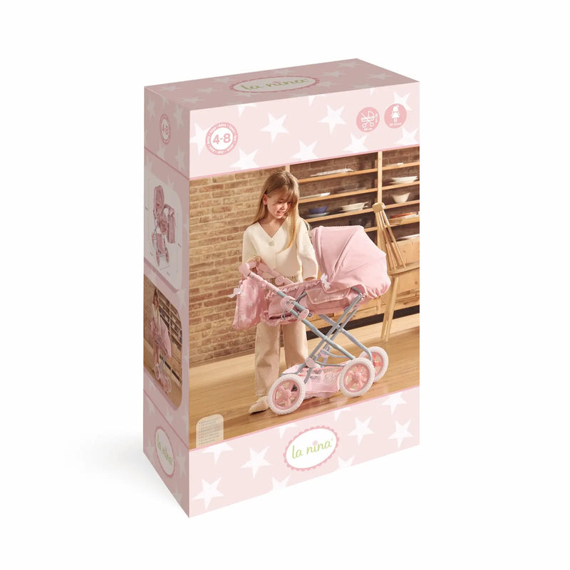 Cuco con ruedas grande Carlota Pink La Nina rosa estrellas para muñecas 36-52cm
