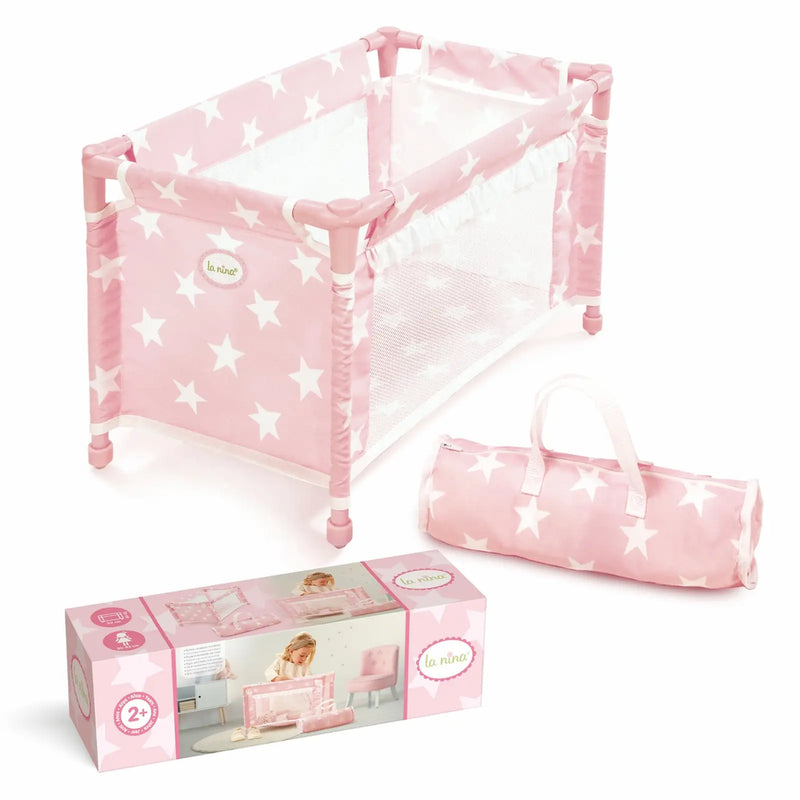 Cuna de viaje Carlota La Nina rosa pastel con estrellas para muñecas 30-52cm
