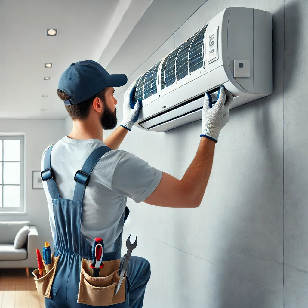 Técnico instalando un aire acondicionado split en una pared de un hogar moderno, usando herramientas profesionales. Servicio rápido, seguro y eficiente.






