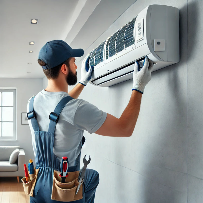 Técnico instalando un aire acondicionado split en una pared de un hogar moderno, usando herramientas profesionales. Servicio rápido, seguro y eficiente.






